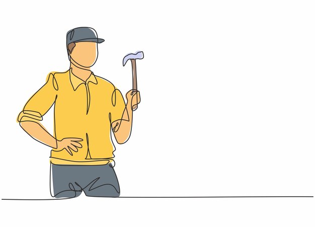 Dibujo de una sola línea de un joven manitas sosteniendo un martillo listo para trabajar Profesión laboral profesional