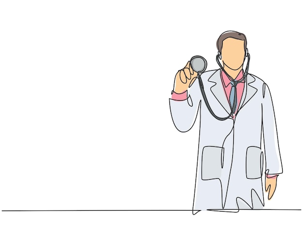 Un dibujo de una sola línea de un joven médico feliz posando de pie y sosteniendo un estetoscopio en el hospital