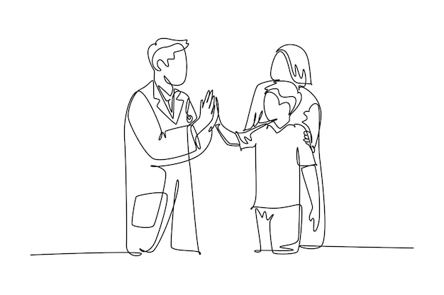Dibujo de una sola línea de un joven médico feliz revisando a un paciente enfermo y dando cinco gestos altos Concepto de atención médica Diseño de dibujo de línea continua moderna ilustración vectorial gráfica