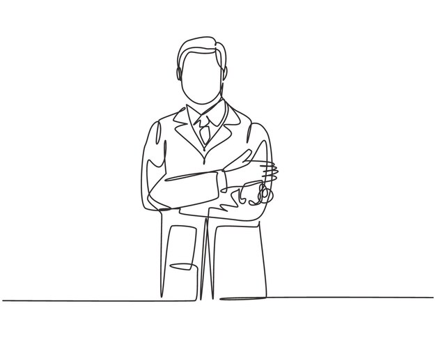 Un dibujo de una sola línea de un joven médico posando de pie mientras sostiene un estetoscopio y cruza las manos