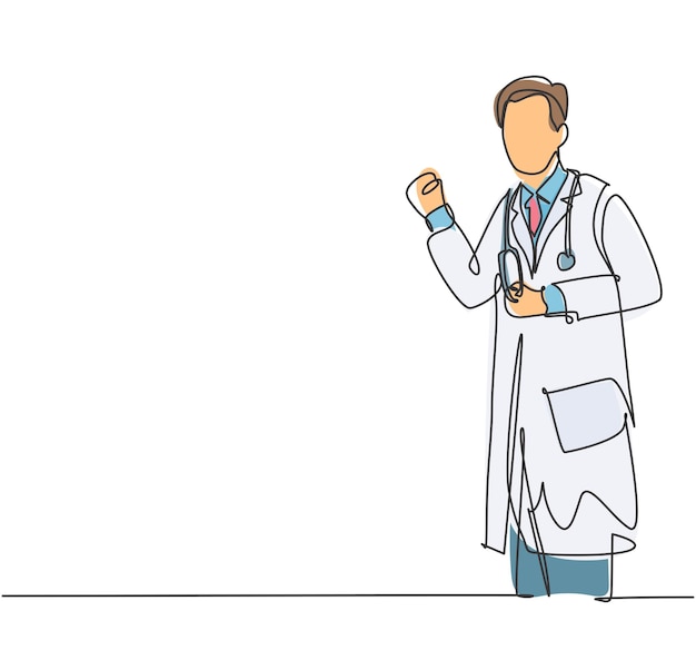 Un dibujo de una sola línea de un joven médico con el puño en las manos para celebrar el vector de atención médica