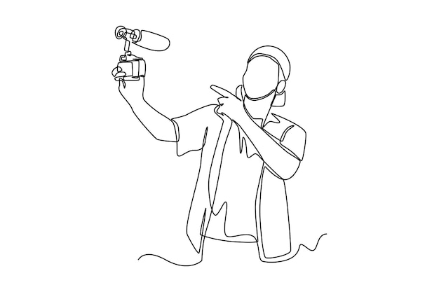Dibujo de una sola línea joven mochilero grabando video Vlogging concepto Dibujo de línea continua diseño gráfico vector ilustración