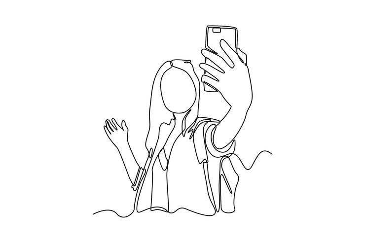 Vector dibujo de una sola línea joven mochilero tomando selfies en el teléfono móvil concepto de vlogging ilustración de vector gráfico de diseño de dibujo de línea continua