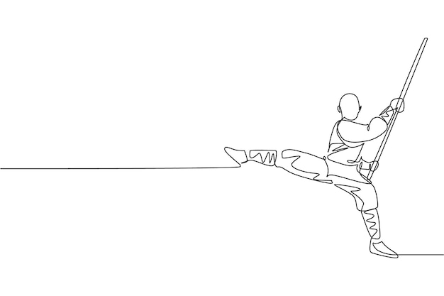 Un dibujo de una sola línea joven monje shaolin ejercita kung fu luchando con un palo en el templo vector