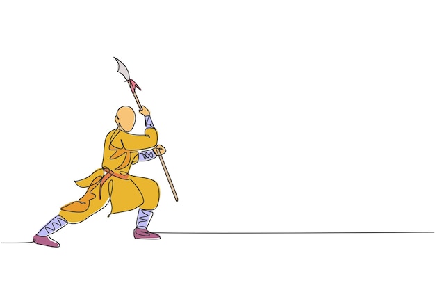Un dibujo de una sola línea de un joven monje shaolin haciendo ejercicio luchando con lanza en el vector del templo