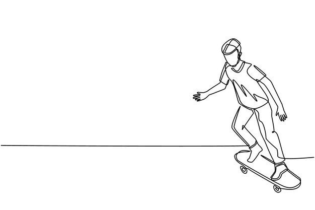 Un dibujo de una sola línea de un joven montando una patineta un patinador masculino elegante con ropa casual