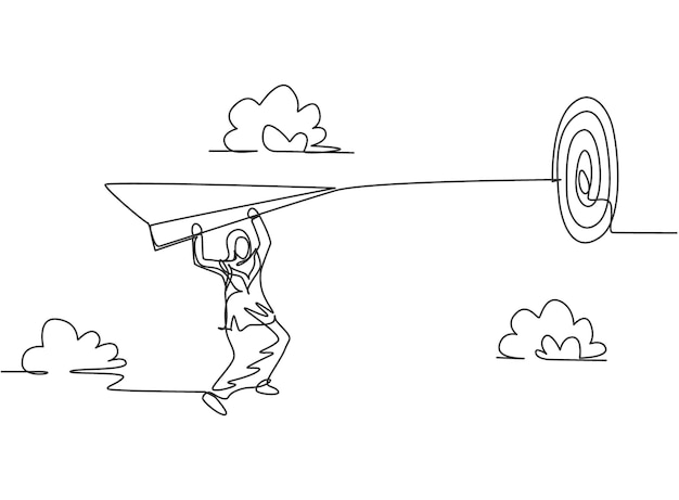Dibujo de una sola línea a una joven mujer de negocios árabe colgada de un avión de papel volador para alcanzar el vector objetivo