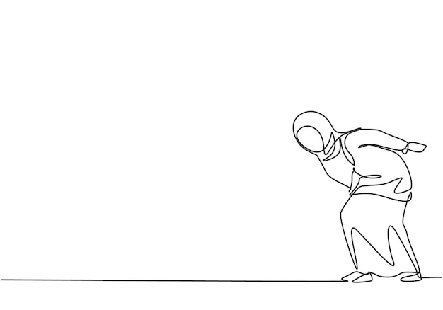 Dibujo de una sola línea de una joven mujer de negocios árabe inclinada porque el vector de sobrecarga de trabajo