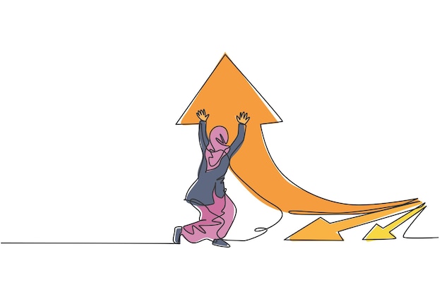 Dibujo de una sola línea de una joven mujer de negocios árabe inteligente que desvía el símbolo de la flecha hasta aumentar las ventas