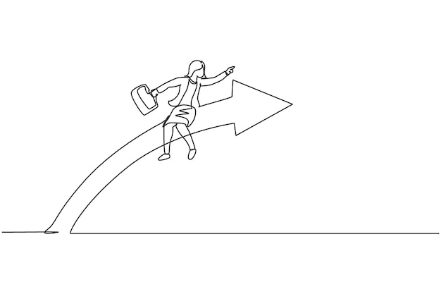 Dibujo de una sola línea de una joven mujer de negocios inteligente volando con una flecha hacia adelante para alcanzar el objetivo