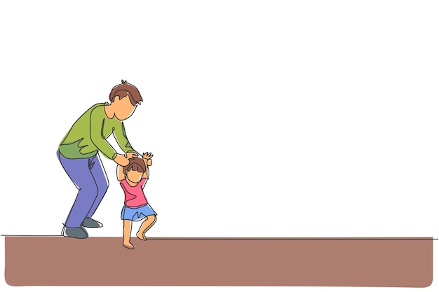 Un dibujo de una sola línea de un joven padre enseñando a su hija a aprender a caminar en casa vector gráfico