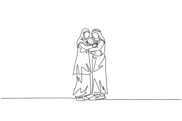 Un dibujo de una sola línea de un joven padre y una madre árabes abrazando a su bebé lleno de amor.