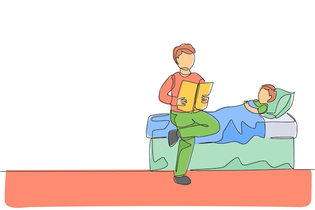 Un dibujo de una sola línea de un joven padre sentado y leyendo un libro a su hijo antes de dormir.