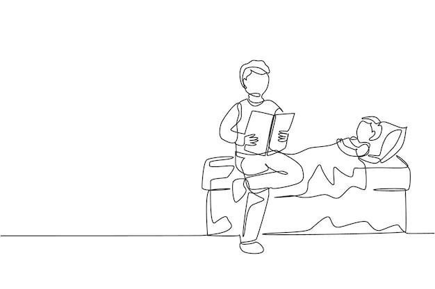 Un dibujo de una sola línea de un joven padre sentado y leyendo un libro a su hijo antes de dormir.