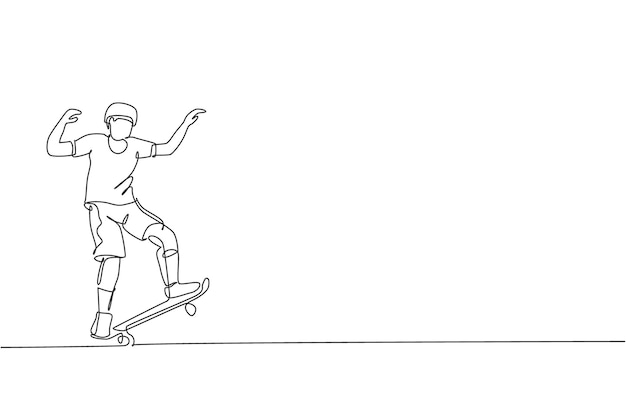 Un dibujo de una sola línea de un joven patinador montando patineta en el diseño vectorial de la calle de la ciudad