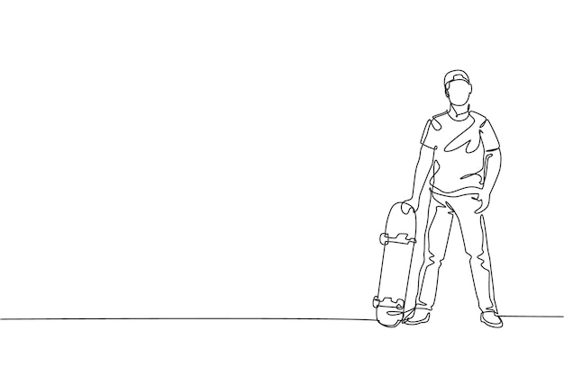 Un dibujo de una sola línea de un joven patinador sosteniendo una patineta y posando en el vector de la calle de la ciudad