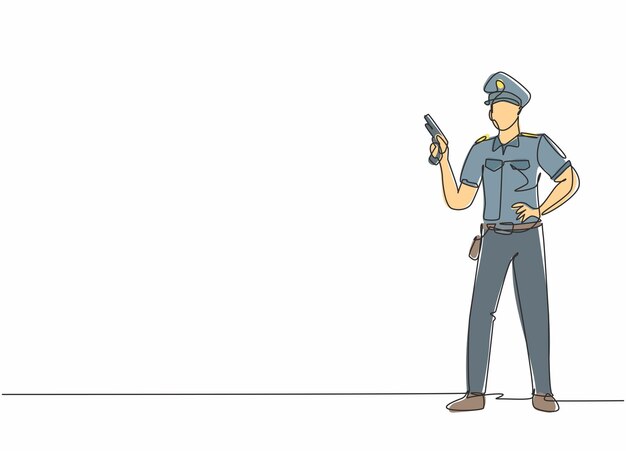Dibujo de una sola línea, joven policía posa de pie mientras sostiene un vector de diseño de pistola automática