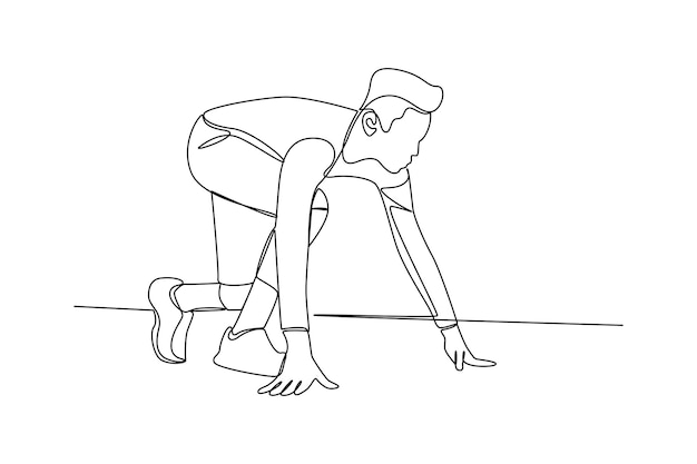 Un dibujo de una sola línea de un joven que se prepara para correr durante la carrera Concepto de entrenamiento deportivo individual Diseño moderno de dibujo de líneas continuas para banner de competición deportiva