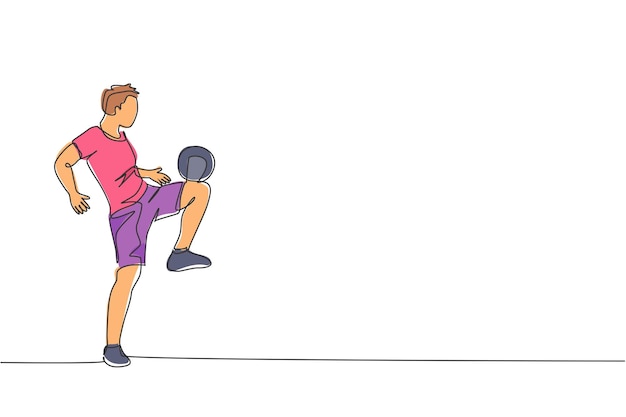 Un dibujo de una sola línea de un joven realiza un salto de estilo libre de fútbol haciendo malabarismos con un vector de talón