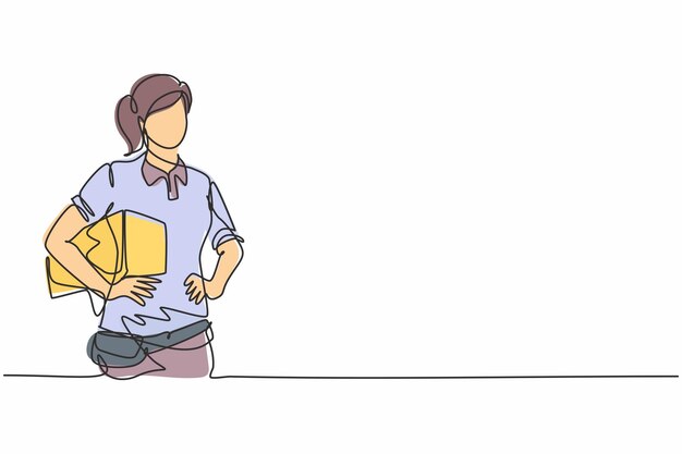 Dibujo de una sola línea de una joven repartidora posando con las manos sosteniendo la caja en la cadera Trabajo profesional