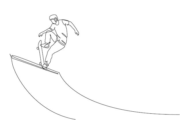 Un dibujo de una sola línea de un joven skater montando patineta en el diseño vectorial de una tabla de rampa