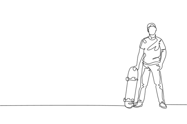 Un dibujo de una sola línea de un joven skater sosteniendo una patineta y posando en un vector callejero de la ciudad