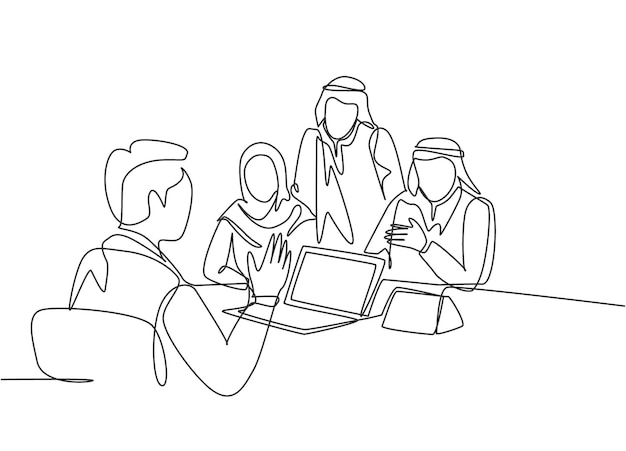 Un dibujo de una sola línea de jóvenes empresarios musulmanes felices reciben asesoramiento empresarial de un consultor