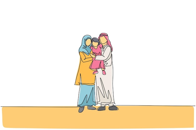Un dibujo de una sola línea de jóvenes felices mamá y papá árabes levantando y abrazando a su hija vector