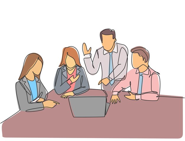 Un dibujo de una sola línea de jóvenes trabajadores de startups frente a una computadora portátil para escuchar la presentación del CEO