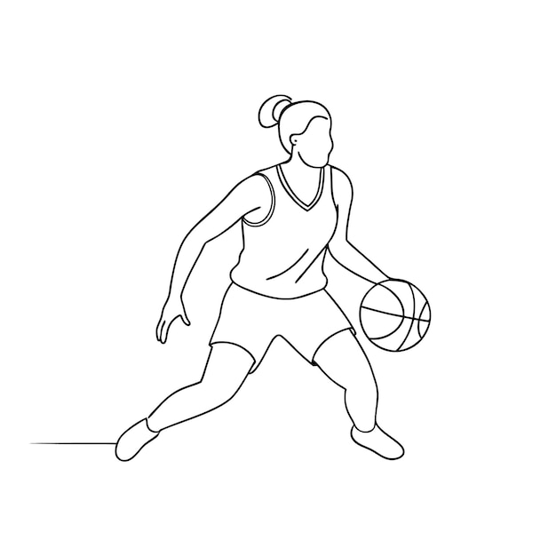 Un dibujo de una sola línea de una jugadora de baloncesto para un libro de colorear
