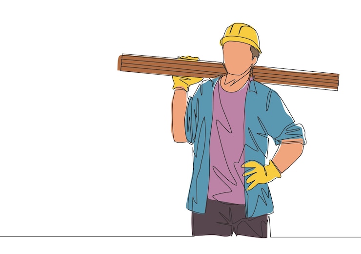 Vector dibujo de una sola línea de leñador con casco y guante mientras lleva una pila de carpintero de madera