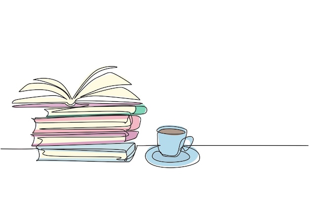 Un dibujo de una sola línea de un libro de páginas abiertas con una taza de café expreso en el vector de la biblioteca de la escuela