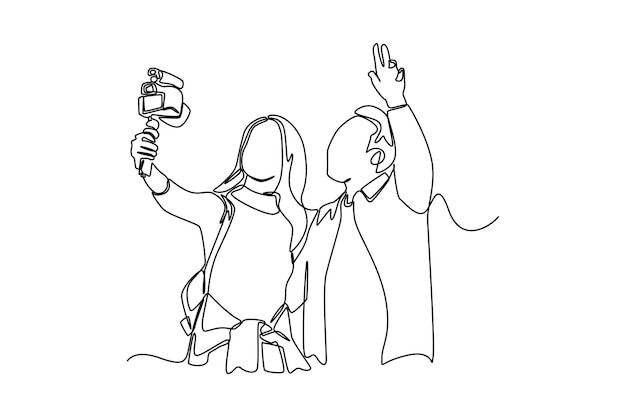 Dibujo de una sola línea Linda pareja viajando juntos mientras vlogs a una cámara de video en un trípode de mano Concepto de Vlogging Ilustración de vector gráfico de diseño de dibujo de línea continua
