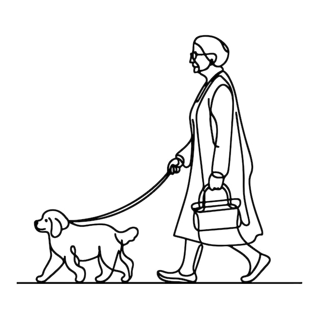 dibujo de una sola línea lineal negra continua de una persona caminando con un cachorro