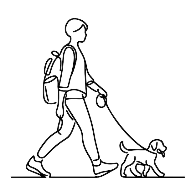 dibujo de una sola línea lineal negra continua de una persona caminando con un cachorro