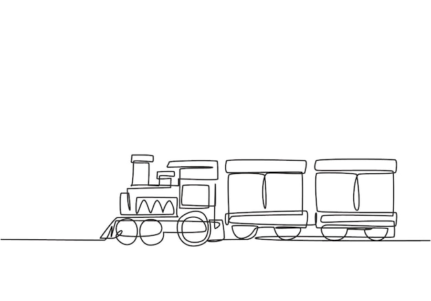 Dibujo de una sola línea de una locomotora de tren con dos vagones en forma de vector de sistema de vapor