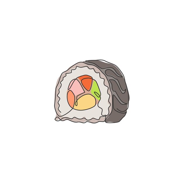 Dibujo de una sola línea, logotipo de bar de sushi japonés, logotipo de diseño de restaurante de comida de mar Nigiri