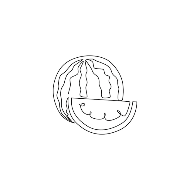 Dibujo de una sola línea, logotipo de huerto de sandías orgánicas enteras y saludables en rodajas, icono de fruta fresca