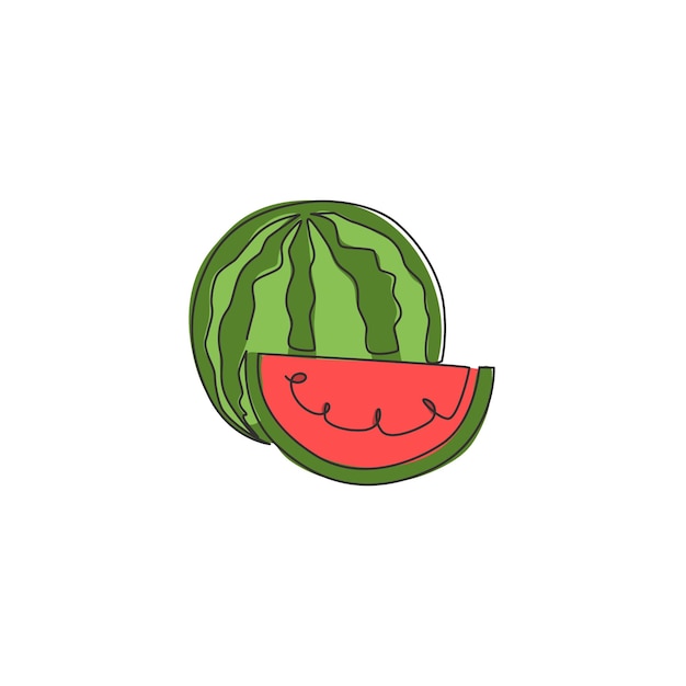 Dibujo de una sola línea, logotipo de huerto de sandías orgánicas enteras y saludables en rodajas, icono de fruta fresca