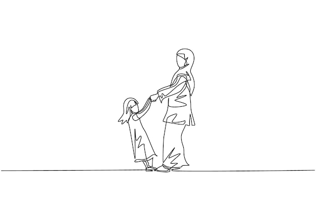 Dibujo de una sola línea madre e hija árabes tomadas de la mano jugando juntas vector familia islámica