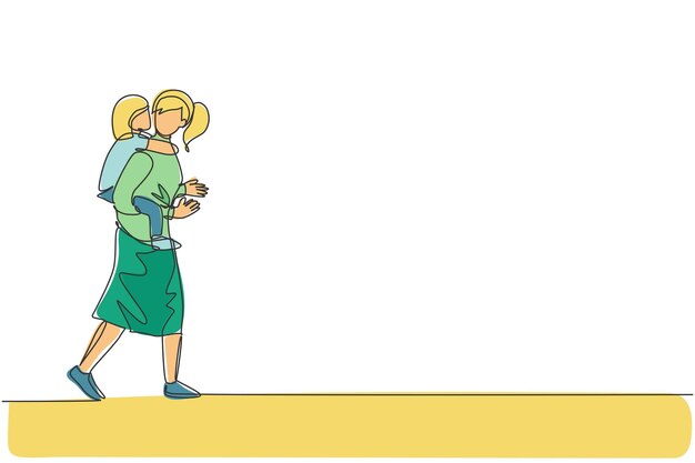 Un dibujo de una sola línea de mamá hablando mientras lleva a su hija cansada y somnolienta ilustración vectorial