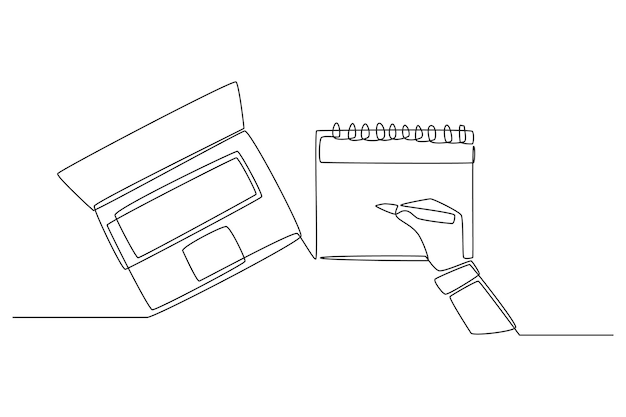 Dibujo de una sola línea Mano con calendario de marca de pluma y verificación con computadora portátil Concepto de planificación y programación Ilustración de vector gráfico de diseño de dibujo de línea continua