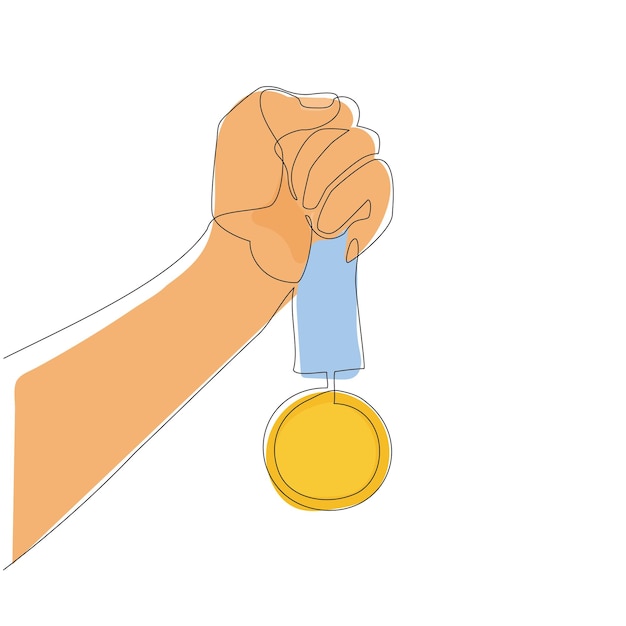 Dibujo de una sola línea de mano humana vintage sostiene boceto de cinta con ilustración vectorial de medalla de oro