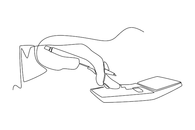 Dibujo de una sola línea Mano sosteniendo la pluma y el dedo tocando el botón de la calculadora Concepto de impuestos Diseño de dibujo de línea continua ilustración vectorial gráfica