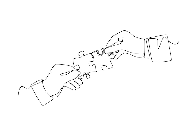 Dibujo de una sola línea Manos conectando rompecabezas Relación humana Concepto Dibujo de línea continua diseño gráfico vector ilustración