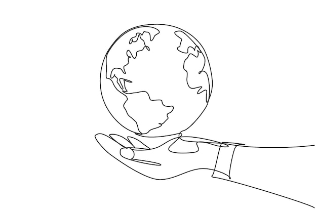 Dibujo de una sola línea de manos que sostienen la silueta del icono del globo terráqueo redondo para el concepto de protección mundial