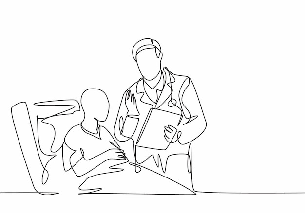 Un dibujo de una sola línea de un médico discute el progreso de la salud con un paciente anciano que está acostado en la cama