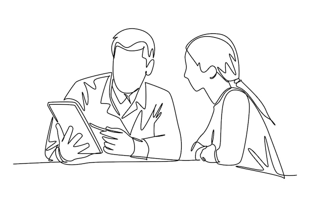 Un dibujo de una sola línea un médico está explicando directamente la condición de salud de sus pacientes Vector de diseño de dibujo de línea continua