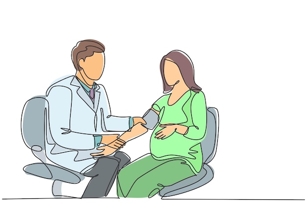 Un dibujo de una sola línea de un médico ginecólogo masculino revisando la sangre del paciente Atención médica durante el embarazo