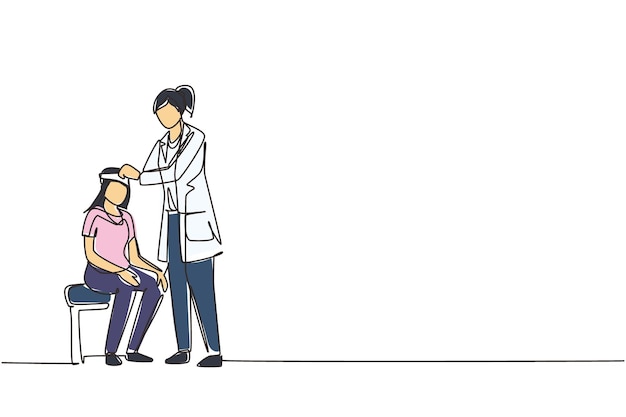 Un dibujo de una sola línea de un médico vendando la cabeza de una mujer herida Concepto de emergencia o primeros auxilios